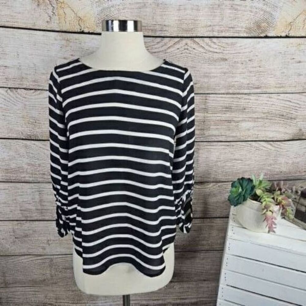 5/$25 Ann Taylor LOFT Black White Boat Neckline Blouse Extra Small Petite